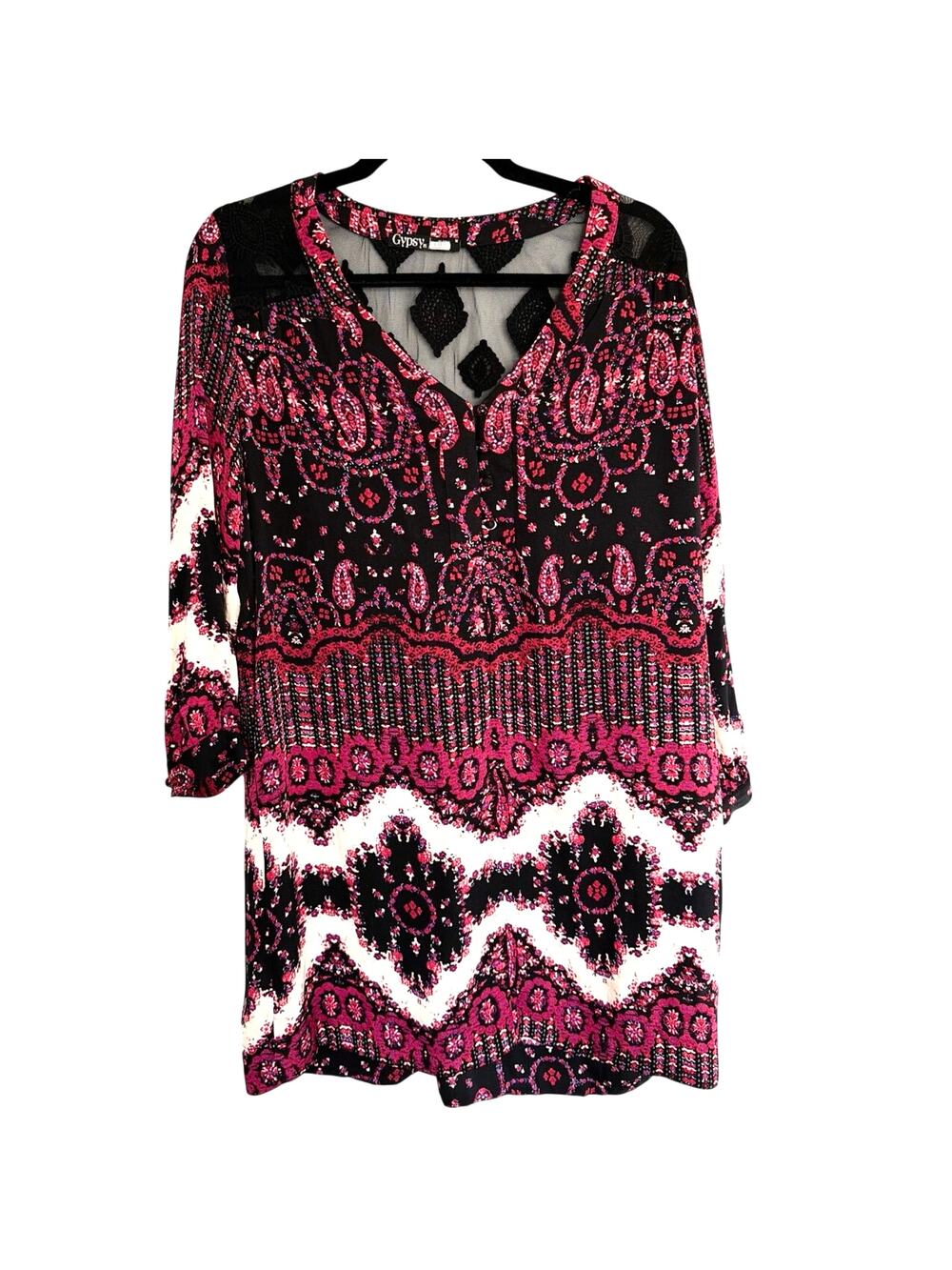 Gypsy 05 Silk Boho Floral Shift Dress Lace Back V Neck Medium
